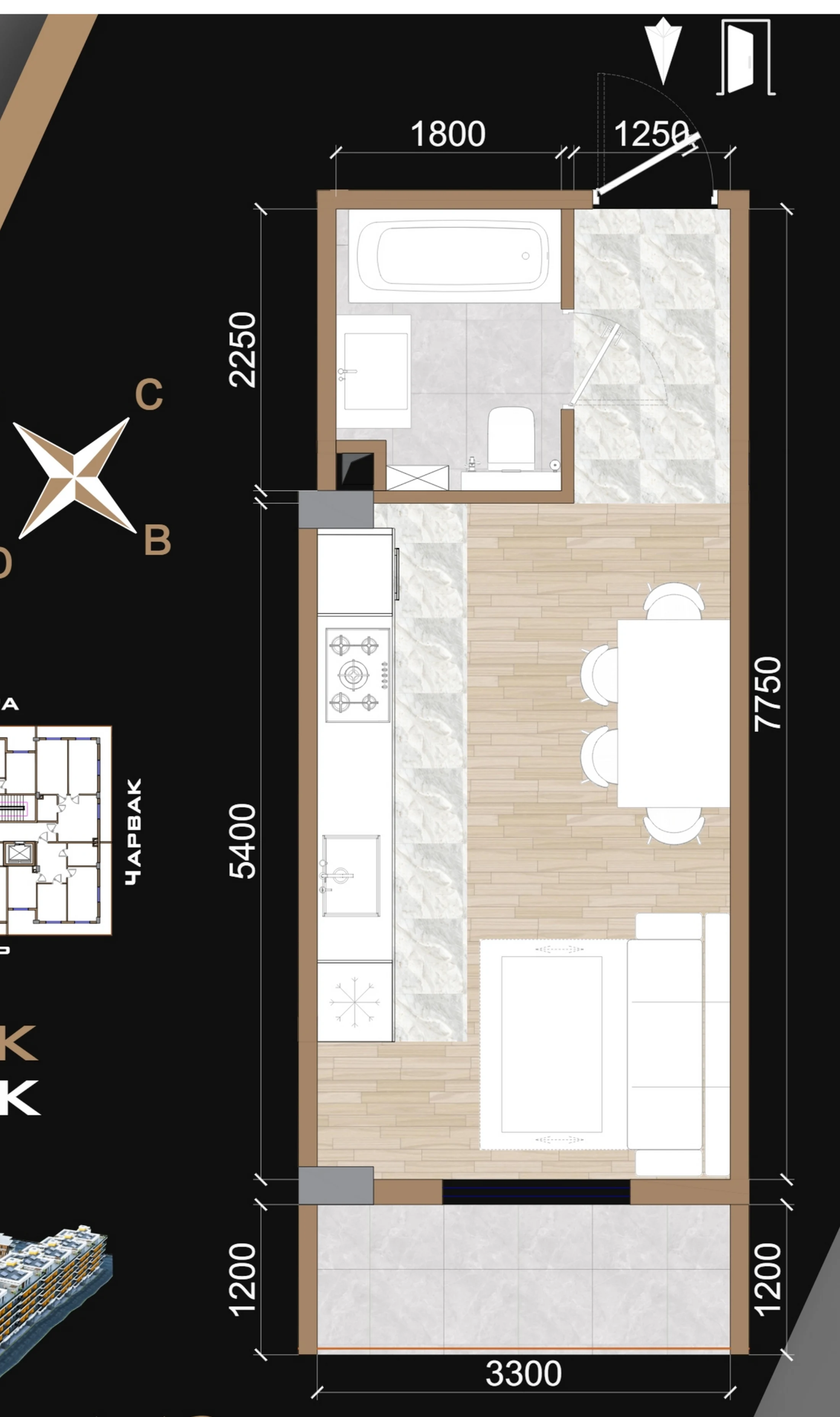 Studiya 26.8 m² planirovkasi