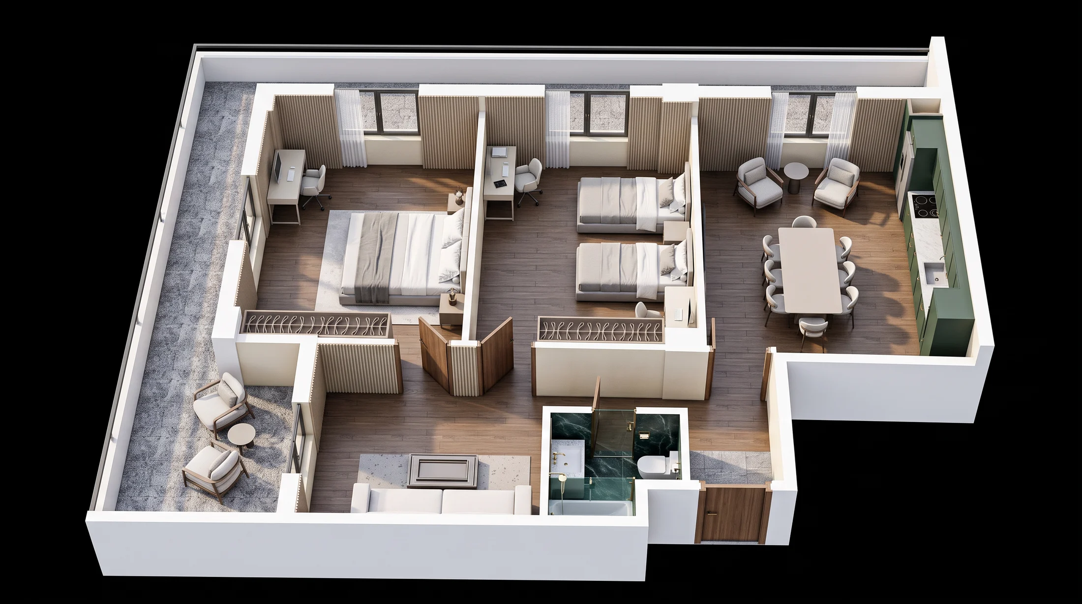 97.5 m² xonadonning qora fondagi 3D rejasi